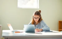 Prepare for the Duolingo English practice test with a student studying at a sunny desk.