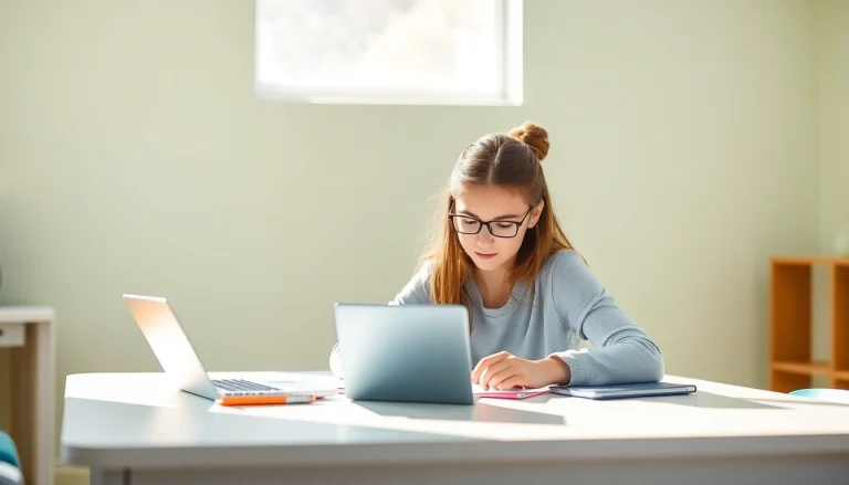 Prepare for the Duolingo English practice test with a student studying at a sunny desk.