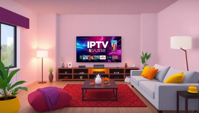 Watch IPTV Suisse streaming on a vibrant display in a cozy living room setting.