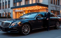 Luxury driver hire Vancouver featuring a chauffeur beside an elegant black car in an upscale urban setting.