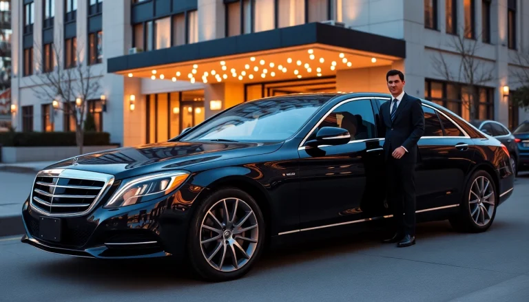 Luxury driver hire Vancouver featuring a chauffeur beside an elegant black car in an upscale urban setting.