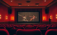 Showcase of a vintage cinema highlighting movie reviews and ratings atmosphere with plush seating.