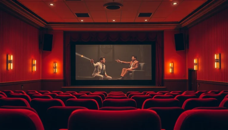 Showcase of a vintage cinema highlighting movie reviews and ratings atmosphere with plush seating.