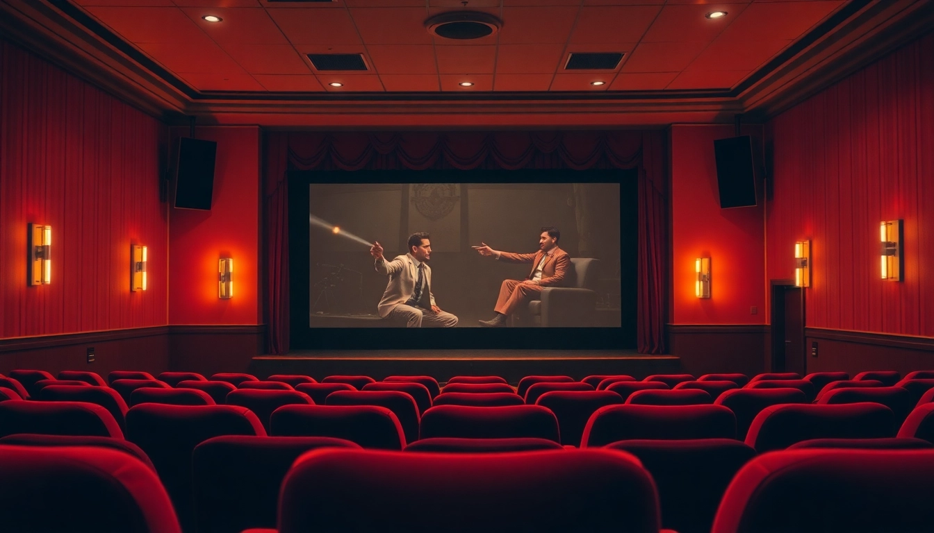 Showcase of a vintage cinema highlighting movie reviews and ratings atmosphere with plush seating.