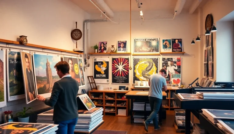 Showcasing vibrant posters for poster printing Dublin in a professional print shop setting.
