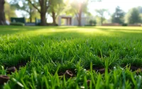 Core aeration process visible on a vibrant lawn with soil plugs and scattered green grass.