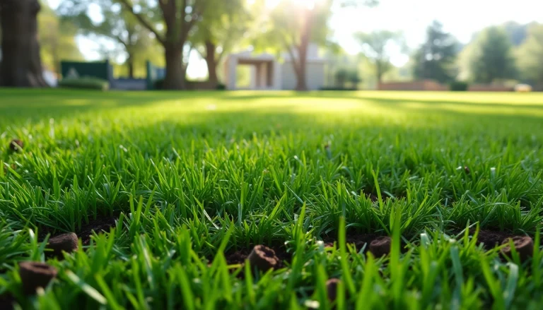 Core aeration process visible on a vibrant lawn with soil plugs and scattered green grass.