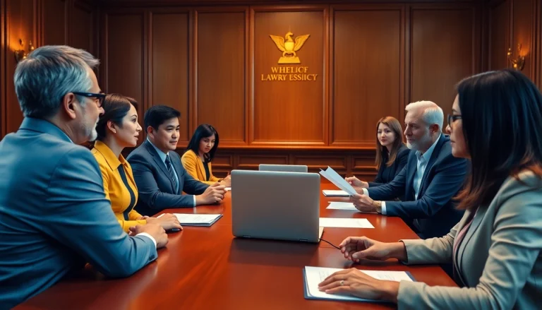 NEC lawsuit attorneys advising clients in a well-lit courtroom, highlighting professionalism and support.