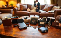 Showcasing cheap groomsmen gifts like personalized flasks and wallets on a rustic table.