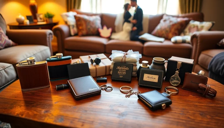 Showcasing cheap groomsmen gifts like personalized flasks and wallets on a rustic table.