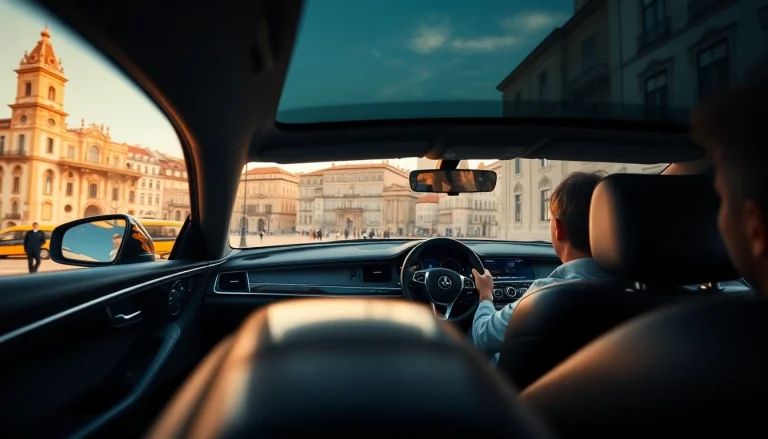 Experience cheap car rental with driver Lisbon in a luxury vehicle amidst scenic views of the city.