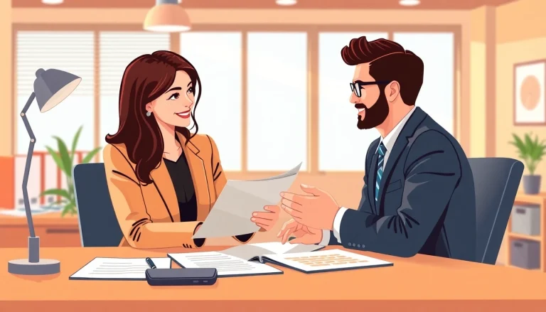 Mortgage process for brokers illustrated with a broker assisting a client in a modern office setting.