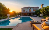 Showcasing a stunning villa sales property with beautiful gardens and a luxurious pool, inviting potential buyers.