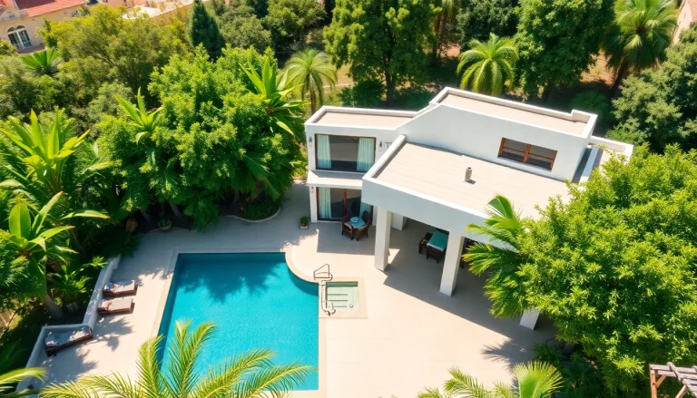 Showcasing an attractive modern Airbnb property for sale with pool and greenery.