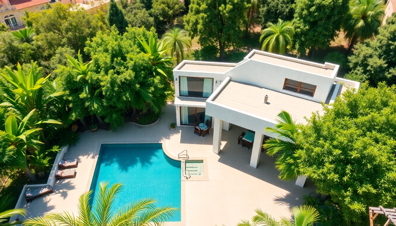 Showcasing an attractive modern Airbnb property for sale with pool and greenery.