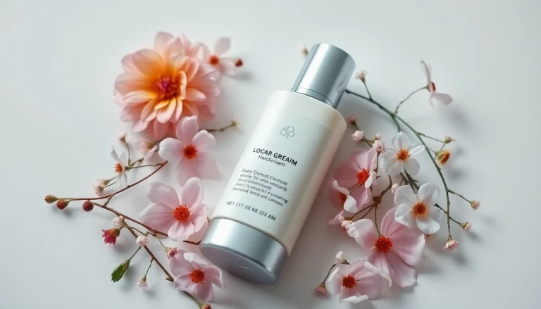 Promoting premium hand cream Supplier with a beautifully crafted bottle among elegant flowers.