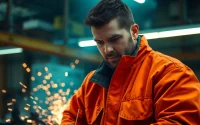 Welding jacket protecting a welder from sparks while handling metal work.