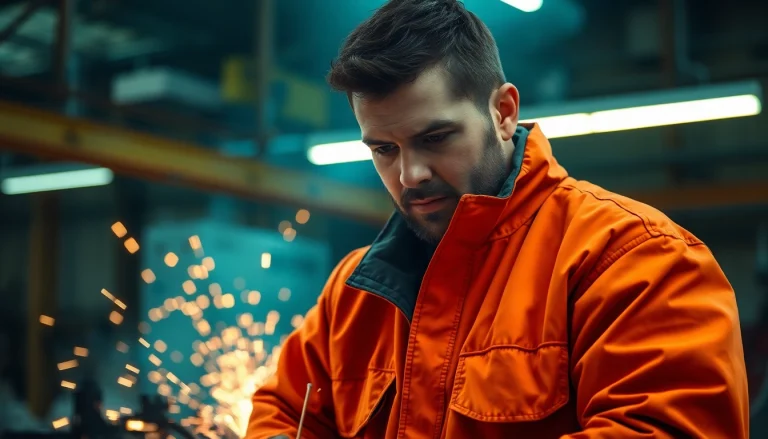 Welding jacket protecting a welder from sparks while handling metal work.