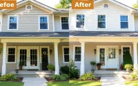 Stunning exterior renovations highlighting new siding and landscaping that enhances the home's curb appeal.