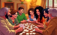 Play rummy wealth in a lively gathering, showcasing players enjoying their card game experience.