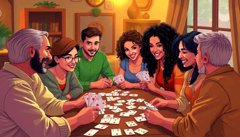Play rummy wealth in a lively gathering, showcasing players enjoying their card game experience.