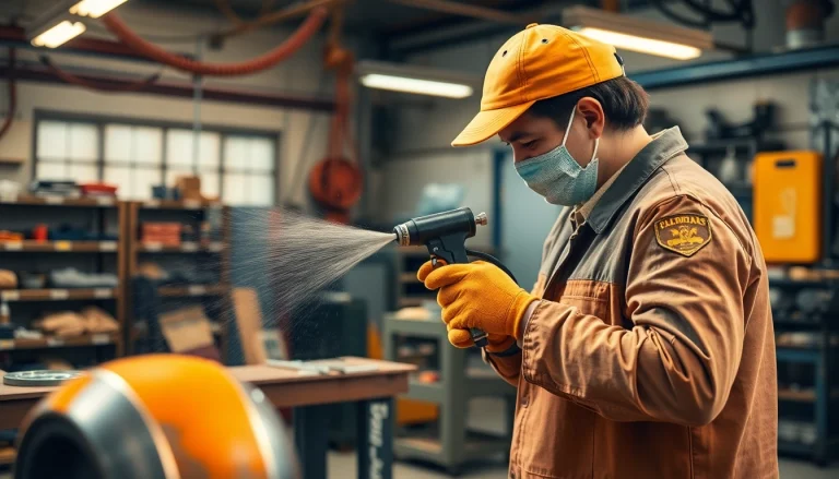 Apply powder coating to metal parts in a well-lit workshop showcasing vibrant colors and professional tools.