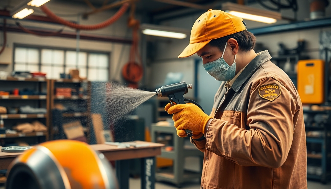 Apply powder coating to metal parts in a well-lit workshop showcasing vibrant colors and professional tools.