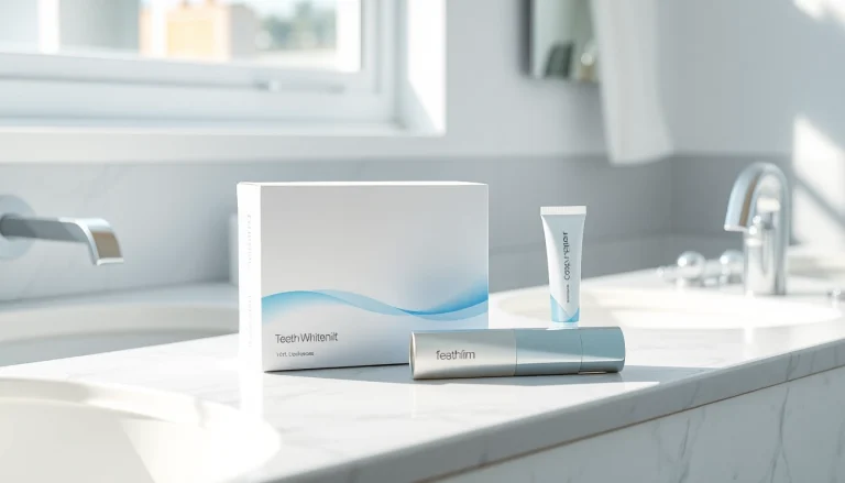 Using a teeth whitening kit on a marble countertop to achieve a brighter smile.