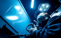 24/7 emergency truck repair service mechanic working on a truck during nighttime.