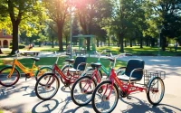 Ride adult tricycles through a sunny park, showcasing vibrant colors and a relaxed atmosphere.