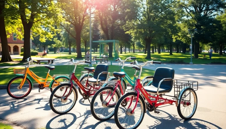 Ride adult tricycles through a sunny park, showcasing vibrant colors and a relaxed atmosphere.