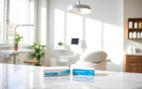 Teeth whitening kit displayed on a sleek countertop, highlighting its brightening effects.