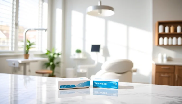 Teeth whitening kit displayed on a sleek countertop, highlighting its brightening effects.