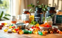 Showcase dietary supplements in an inviting settings with colorful capsules, powders, and gummies highlighting health benefits.