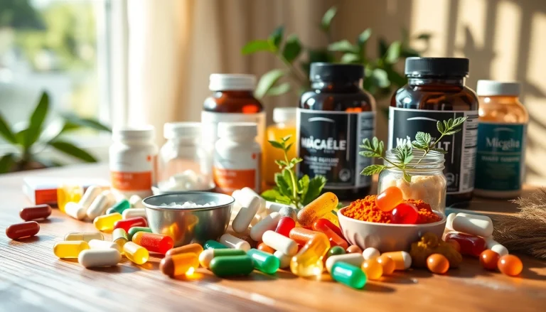 Showcase dietary supplements in an inviting settings with colorful capsules, powders, and gummies highlighting health benefits.