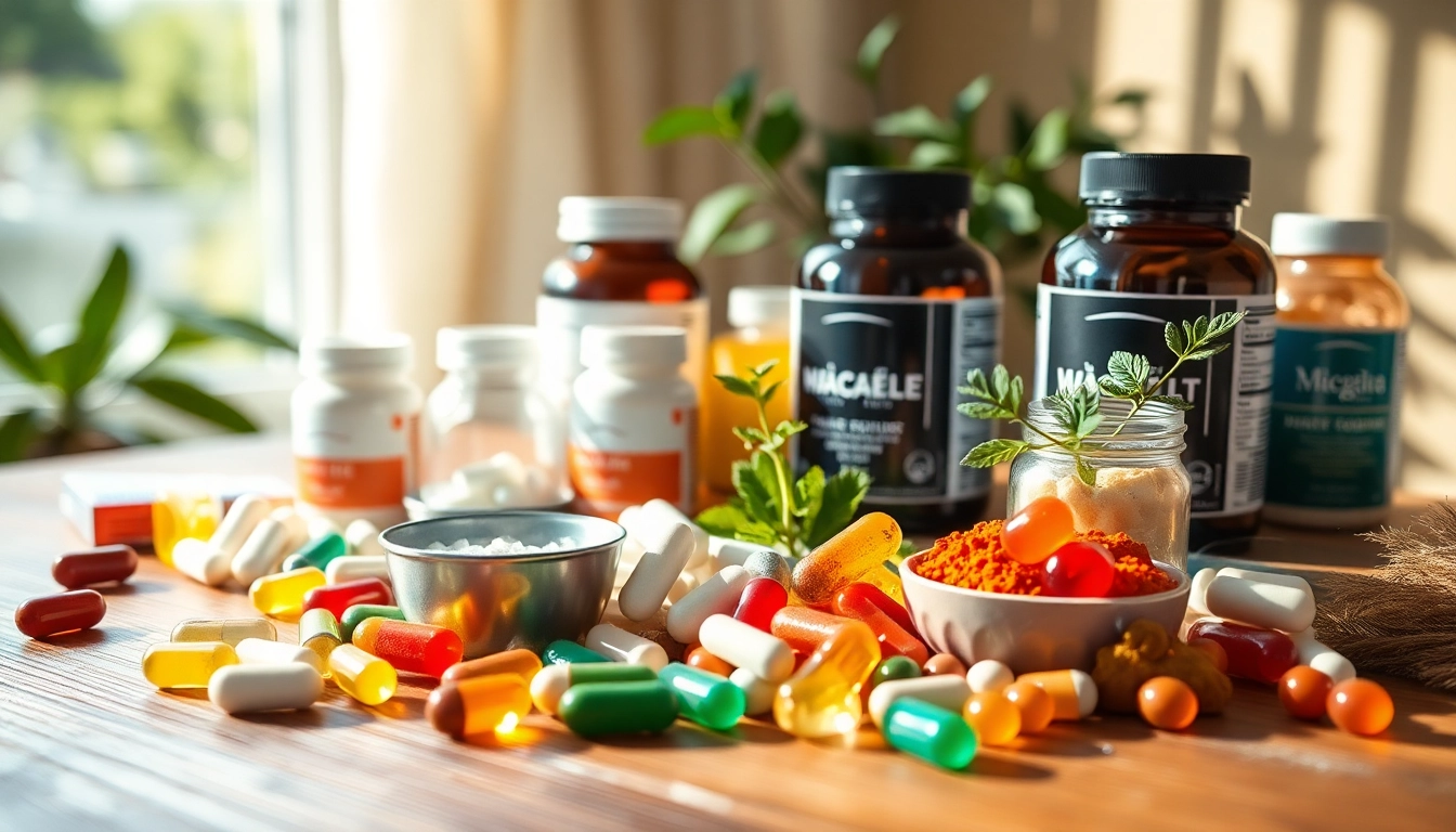 Showcase dietary supplements in an inviting settings with colorful capsules, powders, and gummies highlighting health benefits.