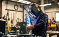 Welder expertly using premium welding supplies in a well-equipped workshop