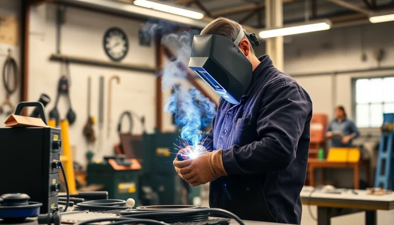 Welder expertly using premium welding supplies in a well-equipped workshop
