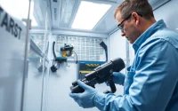 Expert technician engaged in walk in freezer repair using specialized tools in a well-lit environment.