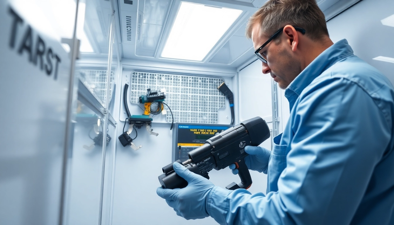 Expert technician engaged in walk in freezer repair using specialized tools in a well-lit environment.