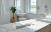 Showcase a teeth whitening kit on a marble countertop illuminated by natural light, enhancing its features.