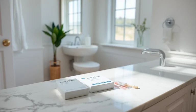 Showcase a teeth whitening kit on a marble countertop illuminated by natural light, enhancing its features.