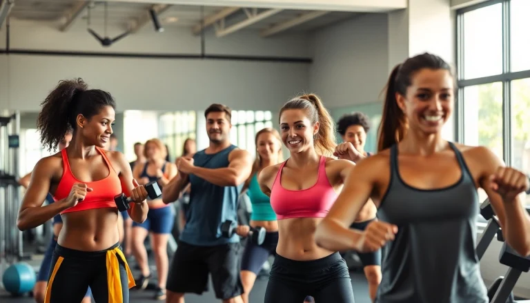 Individuals performing intense fat loss training workouts, showcasing determination and teamwork in a vibrant gym setting.