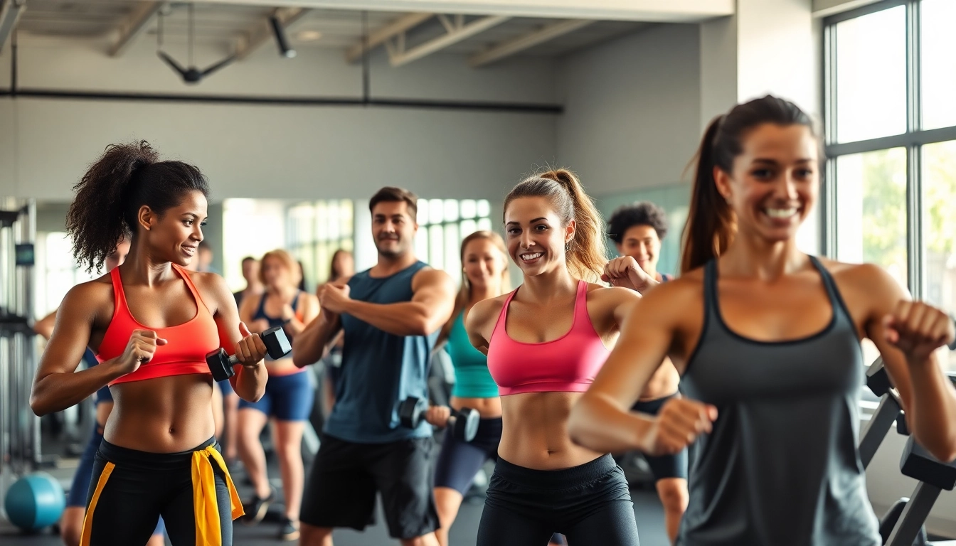 Individuals performing intense fat loss training workouts, showcasing determination and teamwork in a vibrant gym setting.