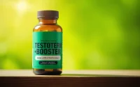 Showcasing Testosteron-Booster supplement bottle, emphasizing its vibrant health benefits and natural ingredients.