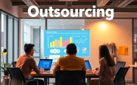 Outsourcing teams collaborating effectively in a modern office environment with tech tools.