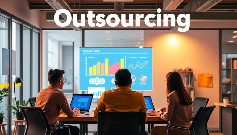 Outsourcing teams collaborating effectively in a modern office environment with tech tools.