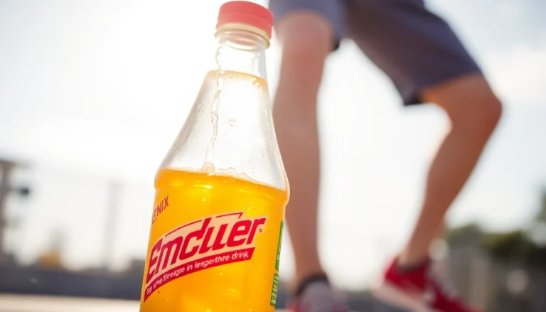 Enjoy a refreshing sportsdrink with vibrant labels and cooling droplets on a sunny day.