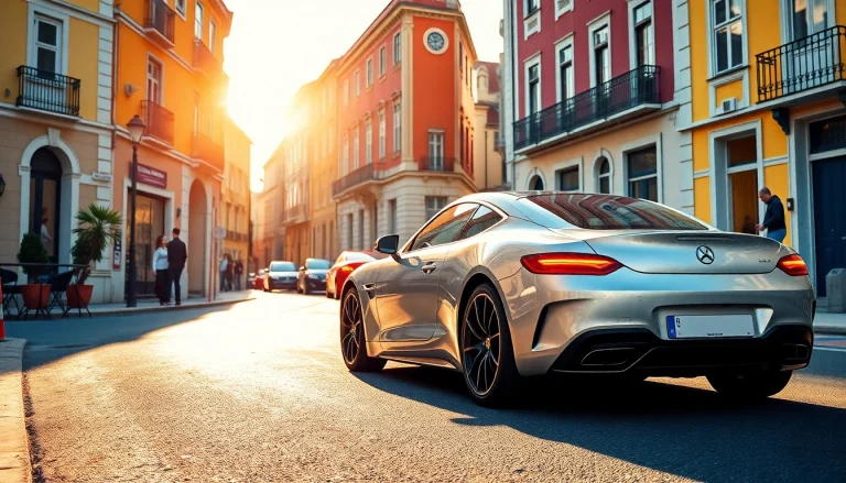 Experience affordable luxury with a cheap car rental with driver in Lisbon featuring a stylish vehicle in a vibrant setting.