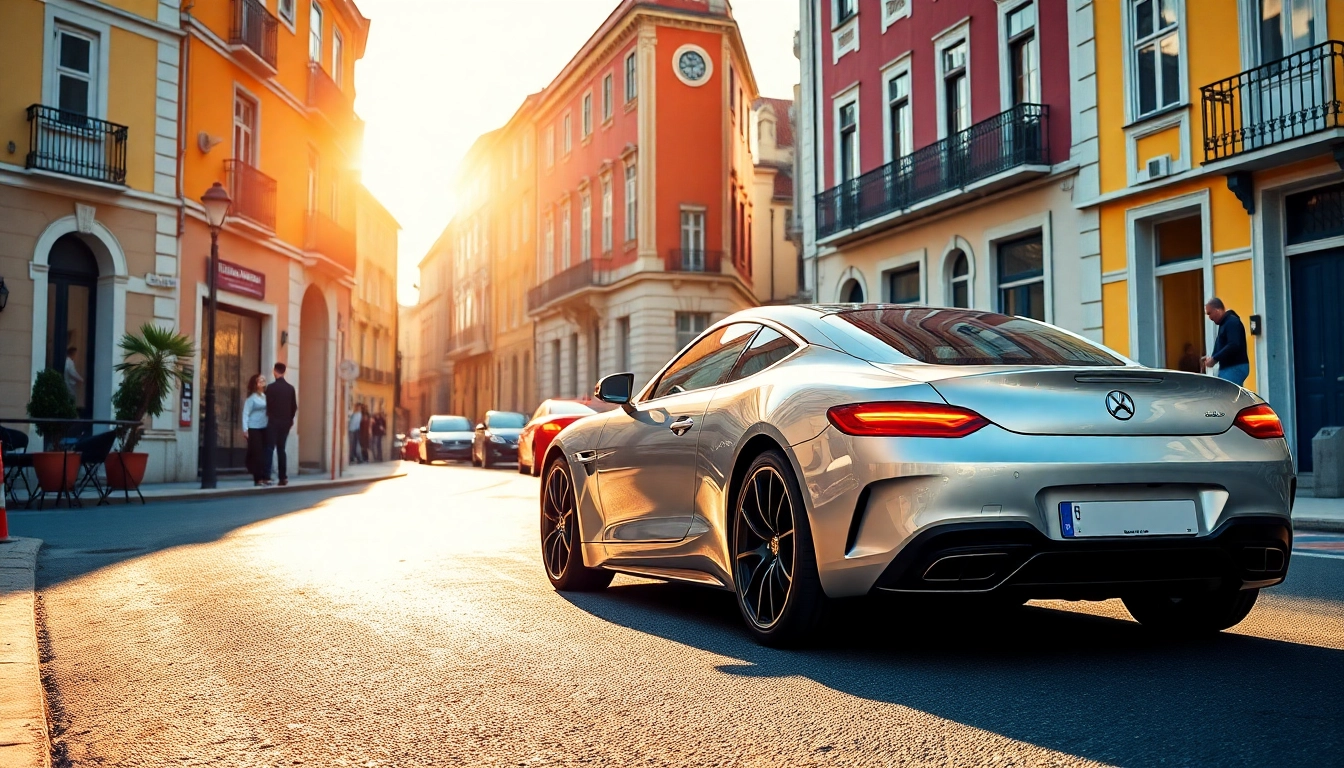 Experience affordable luxury with a cheap car rental with driver in Lisbon featuring a stylish vehicle in a vibrant setting.